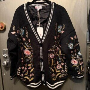 Retro Boho Floral Embroidered Sweater Bomber Jacket / Coat